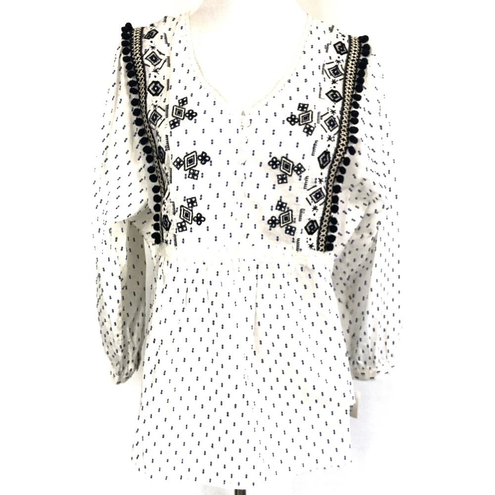 Style & Co Women Blouse M Ivory Blue Embroidery Pom Poms Boho Hippie Clip-Dot